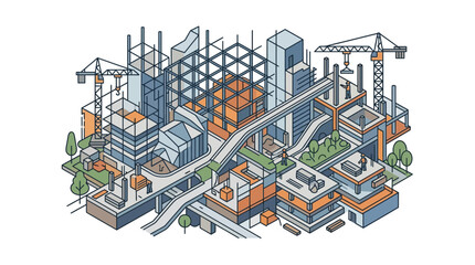 Fototapeta premium Construction workers build a new industrial city with cranes and buildings