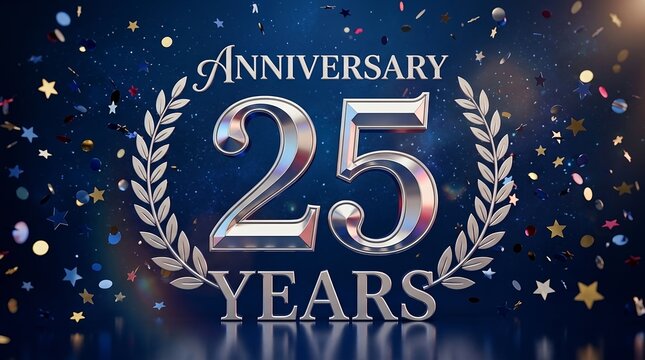 Anniversary twenty five years celebration sign with silver metallic numbers laurel wreath and colorful floating confetti on dark blue background