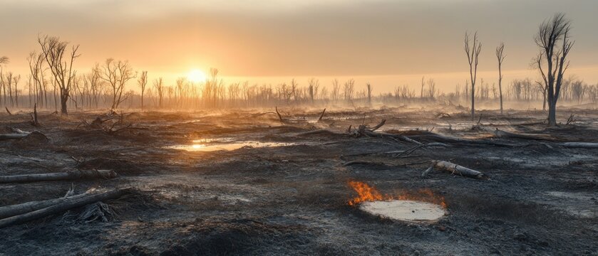 Charred forest at sunset aftermath of environmental disaster