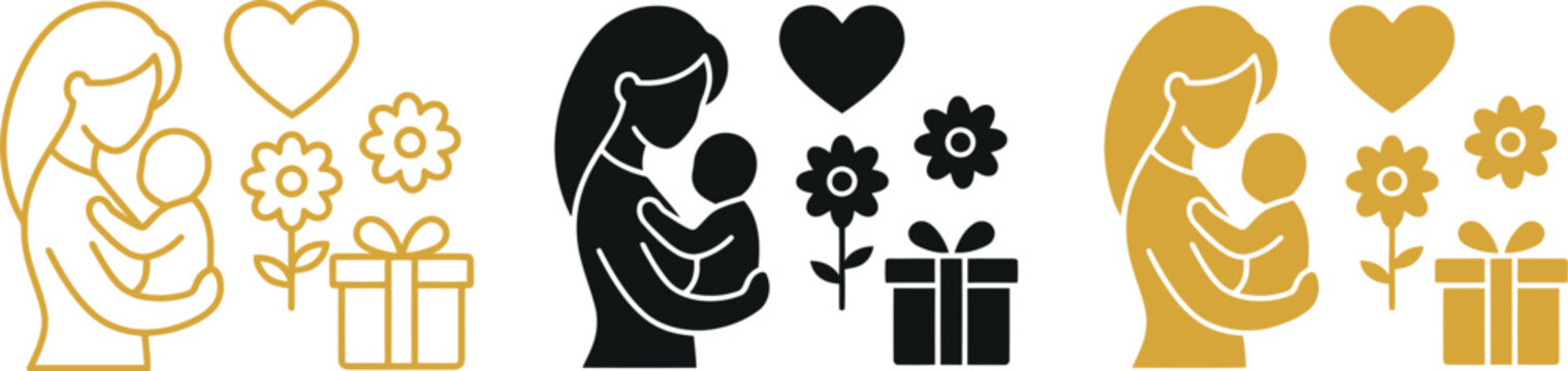 Mother and baby icon set with gift box, heart and flower