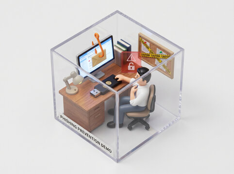 Phishing attack prevention isometric miniature diorama of home office desk with fish hook email metaphor and hardware security key