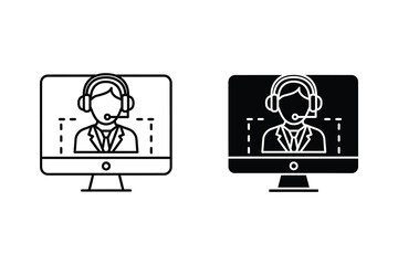Fototapeta premium Customer service operator with headset on computer screen, flat vector illustration