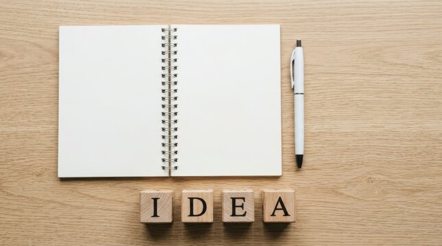 Open notebook with a pen and wooden blocks spelling the word idea sitting on a light brown wooden desk surface for creative work