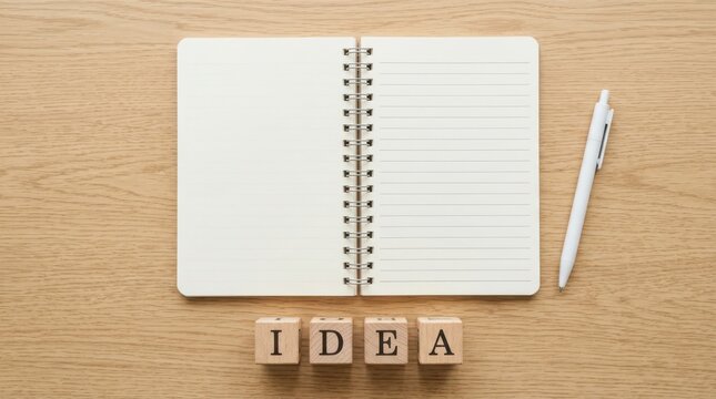Open notebook with a pen and wooden blocks spelling the word idea on a simple flat surface for creative planning and business strategy