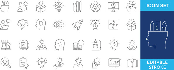 Set of creativity and idea line icons, representing innovation, problem solving, and artistic concepts. © Deloara
