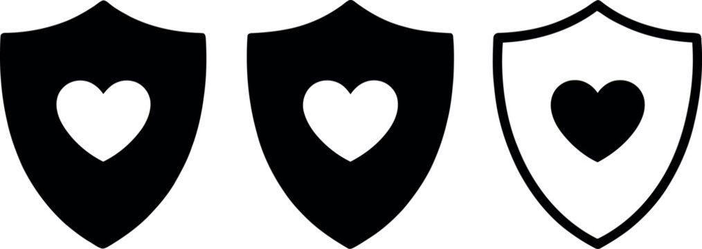 Three black and white shield icons with heart symbols in different styles