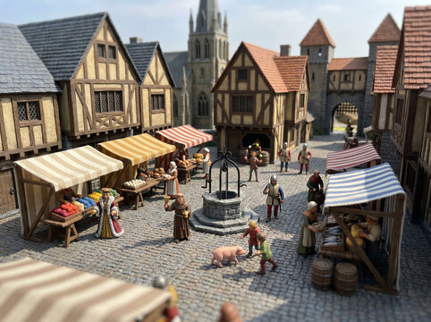 14th Century Medieval European Market Square Isometric Miniature Diorama