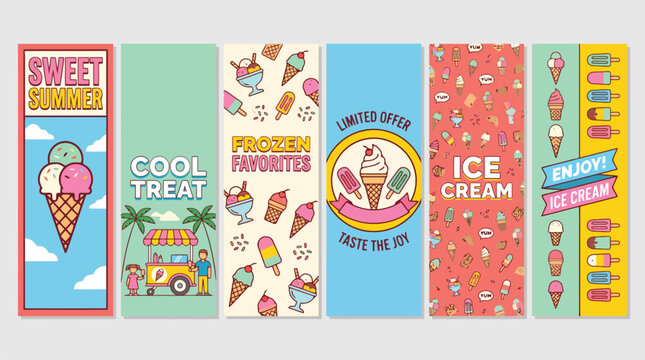 Retro ice cream vertical banners set, vintage frozen dessert advertising posters, colorful summer treats and popsicle illustrations for social media