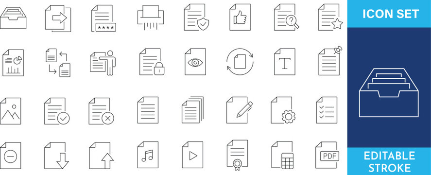 Set of document and file management line icons. data storage, organization, security, and digital administration symbols.