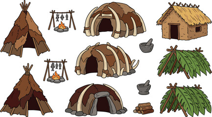 Stone Age prehistoric houses vector cartoon illustration set featuring primitive native shelters mammoth bone huts huts with straw roofs and leaf canopies. © MdShakib