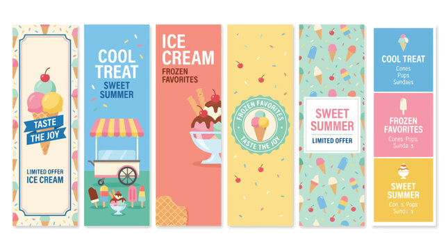 Retro ice cream banner set, vintage summer dessert posters with 6 vertical layouts, colorful frozen treat advertisements for parlor and cafe marketing