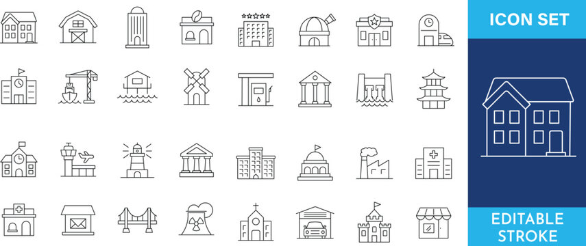 Buildings and landmarks outline icon set. collection of thin line icons for city, architecture, and tourism.