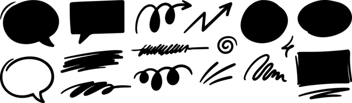 Set of hand drawn scribble icons and speech bubbles with scribble, handdrawn