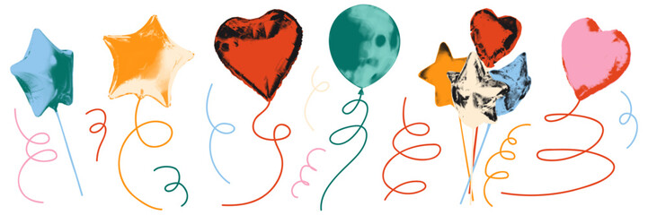 Halftone balloon collage elements set. Funny foil helium balloon cutouts, birthday party stickers with vintage dot texture and doodles Star and heart shapes. Modern retro vector illustration isolated © ugguggu