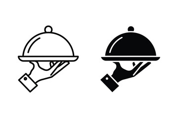 Fototapeta premium Hand holding a food serving tray cloche icon set in line art and solid black style