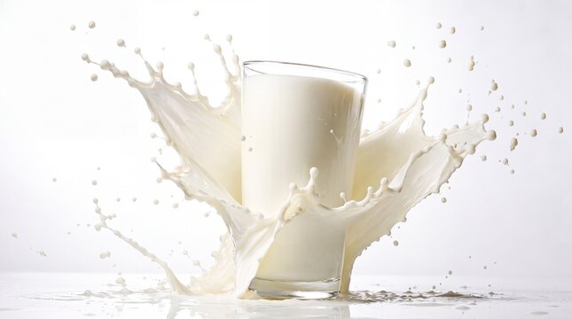 A glass of fresh white milk with a dynamic, explosive splash against a clean white background, capturing movement and liquid texture in high detail.