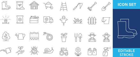 Gardening line icon set features tools, plants, and farm elements for agricultural and hobby use. © Deloara