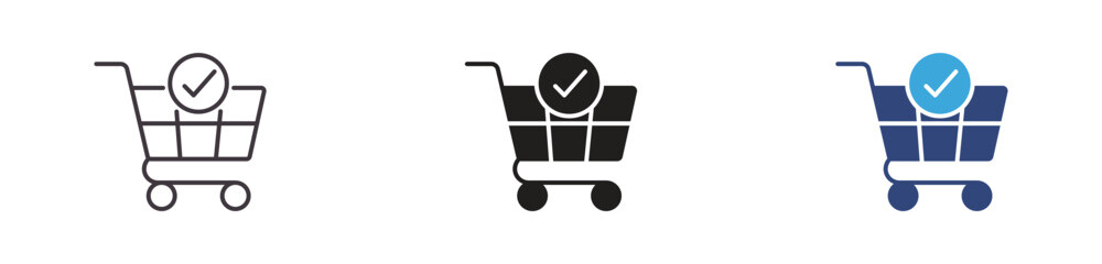 Shopping cart check icon set, Verified purchase symbols, Order confirmation vector icons, Successful checkout signs, E-commerce cart vector icons © Kamrul