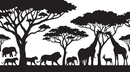 Black silhouette of african wild animals and acacia trees in safari savanna landscape © Mahafuz