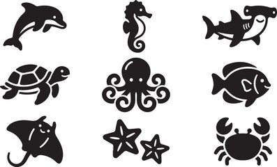 Obraz premium Set of cute sea animals and fish icons in black silhouette style