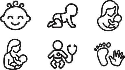 Obraz premium Set of black and white baby and motherhood line art icons for childcare and healthcare