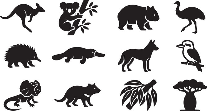 Set of black silhouette icons of australian animals and wildlife