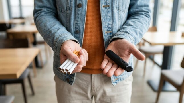 Hands holding cigarettes and electronic vape device in indoor casual setting