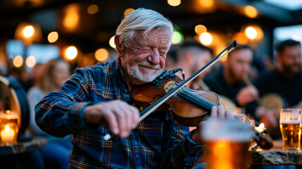 Fototapeta premium Elderly Irish fiddler leading a folk music revival session in a low-ceilinged pub, younger musicians with bodhrans and tin whistles gathered close, candle-warm interior, pint glasses on rough wood t