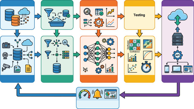 A comprehensive diagram illustrating the multi-stage process of data collection, preprocessing, machine learning model development, testing, and deployment with continuous feedback loops.