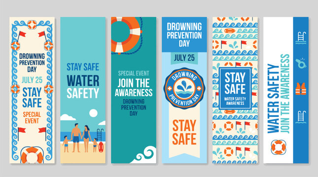 World Drowning Prevention Day vertical banner set, water safety awareness campaign templates, July 25 special event posters with lifebuoy and ocean waves