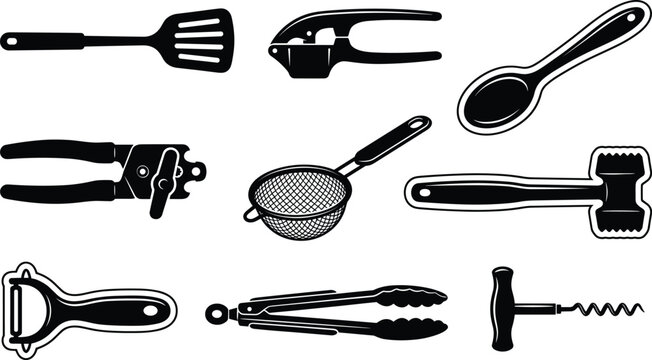 Kitchen utensil silhouette collection featuring spatula garlic press spoon meat mallet and cooking tools vector illustration set