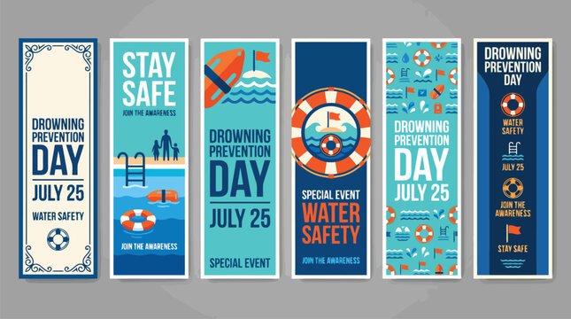 World Drowning Prevention Day banner set, water safety awareness vertical posters for July 25, flat vector collection with lifebuoys and pool icons