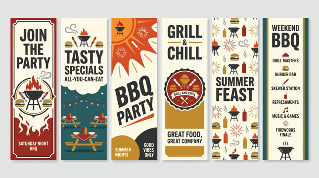 Vintage BBQ party vertical banners set, retro summer grill and chill flyers, backyard barbecue feast invitation templates with 6 vector designs