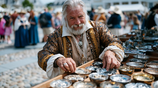 Living history reenactor in period merchant clothing arranging handmade tin goods on a wooden market stall, cobblestone square crowded with visitors in summer attire, colonial marketplace backdrop, 