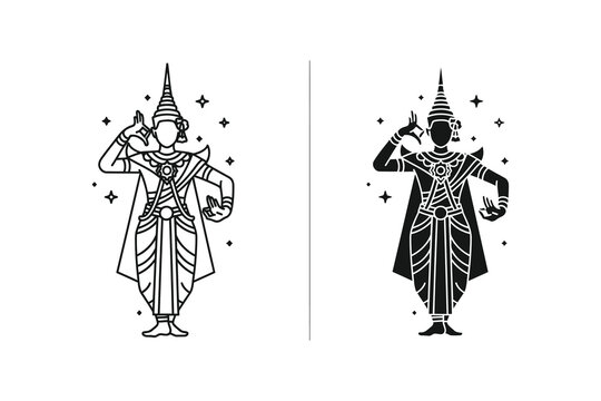 Thai Traditional Dancer Icon Set in Line Art and Silhouette Style