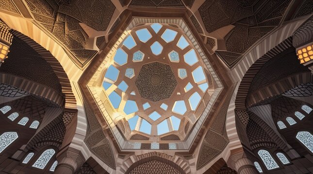 Intricate geometric stained glass dome ceiling inside a dark mosque