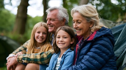Obraz premium Grandparents and grandchildren share a peaceful and harmonious moment during a relaxing weekend camping trip in nature