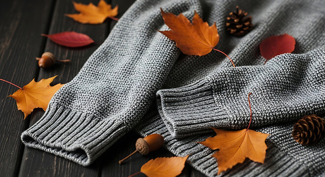 Close-up of a grey knitted sweater texture with scattered autumn leaves and pinecones on a dark wooden background, for a seasonal, aesthetic vibe