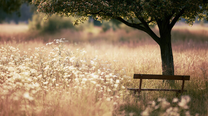 Obraz premium Tree with wooden bench in a wildflower field at sunset