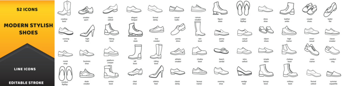 Modern stylish shoes vector icons. Footwear collection, casual and formal boots, sports sneakers, summer sandals, and elegant heels line signs set.