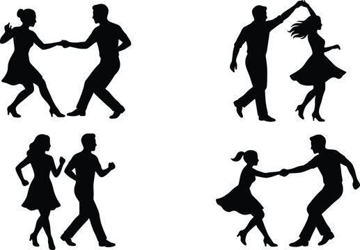 Dancing couples silhouettes, swing rockabilly dance partners, retro rock and roll dancers, romantic active people salsa tango, lindy hop