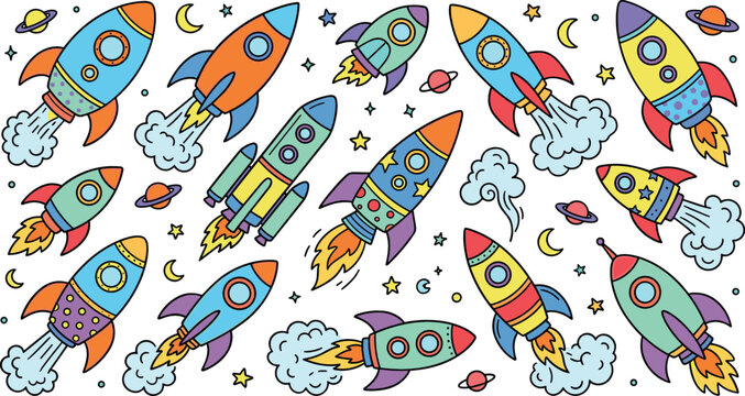 Colorful space rocket cartoon vector seamless pattern or sticker set with hand drawn spaceships planets and stars flying in universe isolated on white background.