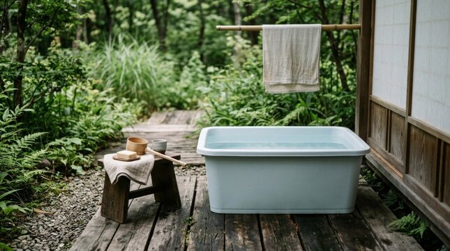 Rustic outdoor bathtub in a serene Japanese forest setting.