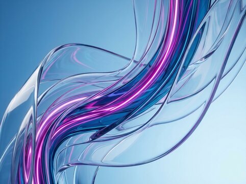 Flowing transparent glass ribbons with vibrant pink and deep blue neon light strips swirling through abstract space creating elegant liquid motion with soft reflections on light blue background.