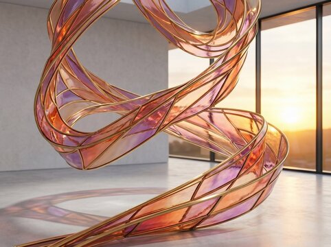 Abstract flowing ribbons of iridescent material and metal frame gracefully twist in a modern art installation bathed in warm sunset light within a minimalist interior.
