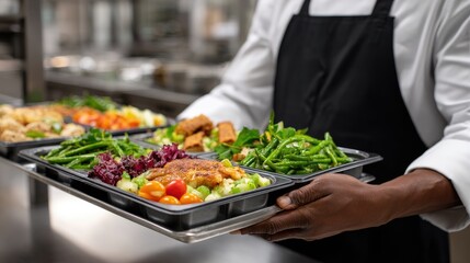 Obraz premium Chef arranges colorful healthy lunch trays in school cafeteria before students arrive at busy industrial kitchen