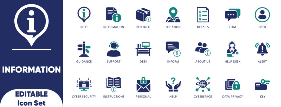 Information Solid Icon Set. confidential, editable, guidance, help, info, instruction, learn, news, and editable icons.