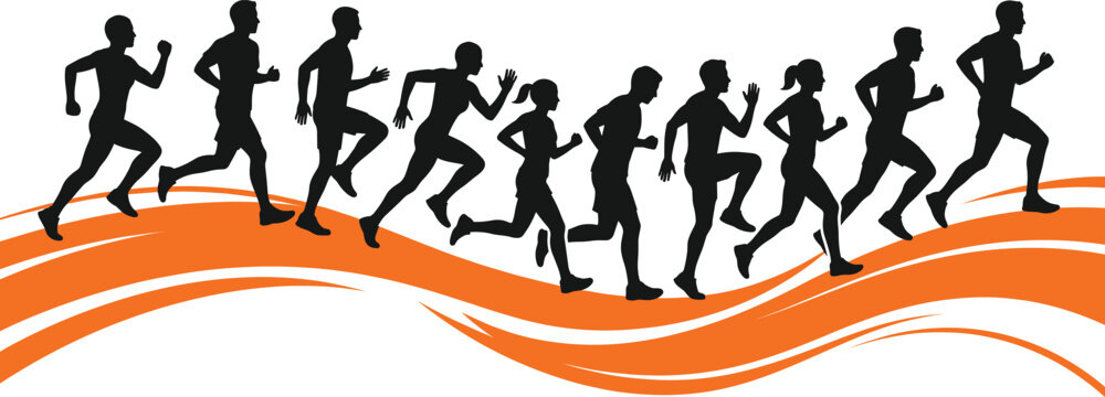 silhouette of people running marathon, dynamic group athletes jogging on abstract orange wave backdrop, fitness cardio workout, healthy lifestyle illustration