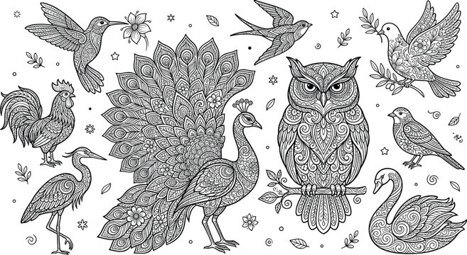 Intricate mandala bird vector set featuring highly detailed line art patterns of peacock owl hummingbird swan dove and rooster for adult coloring books.