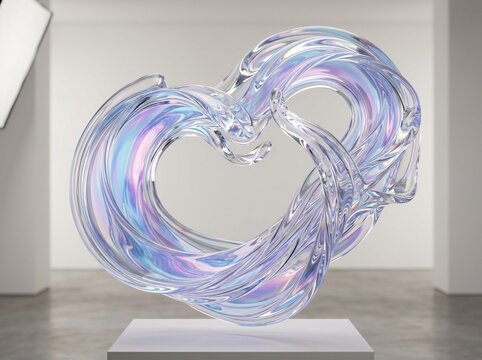 Large abstract iridescent glass sculpture shaped like heart resting on white gallery plinth against minimalist clean white interior background for professional artistic display or home interior.